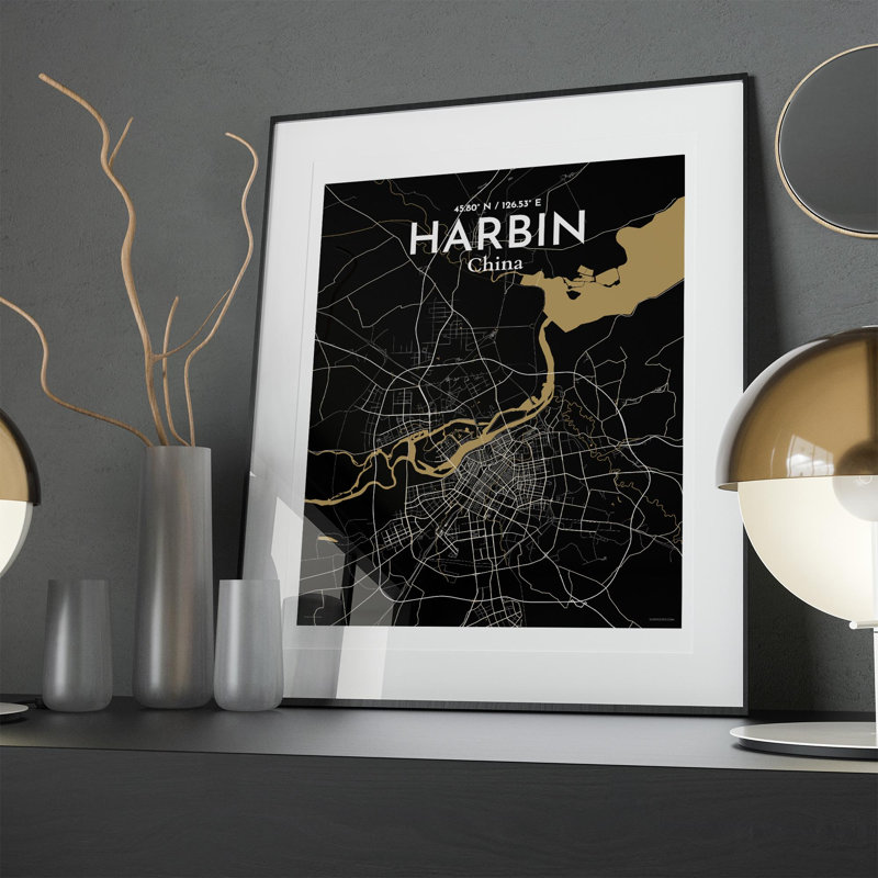 «Harbin City Map», impression, Noir / or, H 20 po x l 16 po