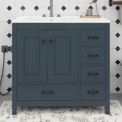 Meuble-lavabo 36 po avec lavabo en céramique, meuble-lavabo avec 5 tiroirs à fermeture en douceur et 2 portes à fermeture en douceur