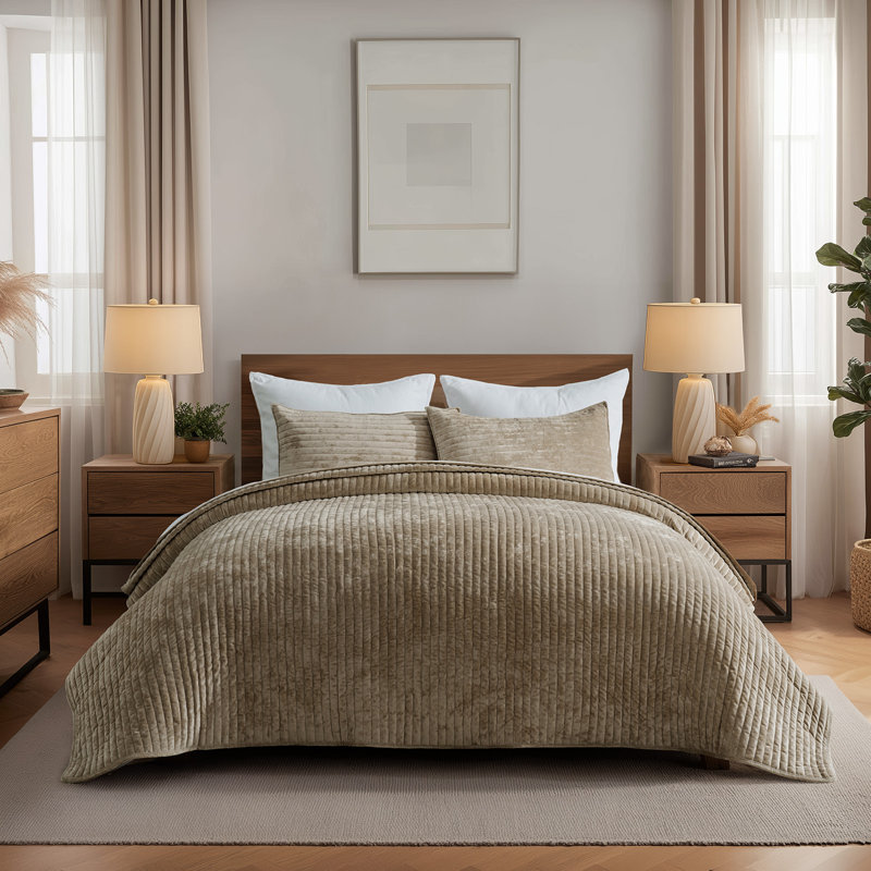 Luxe Velvet Channel Quilt Set, Queen, Camel Brown