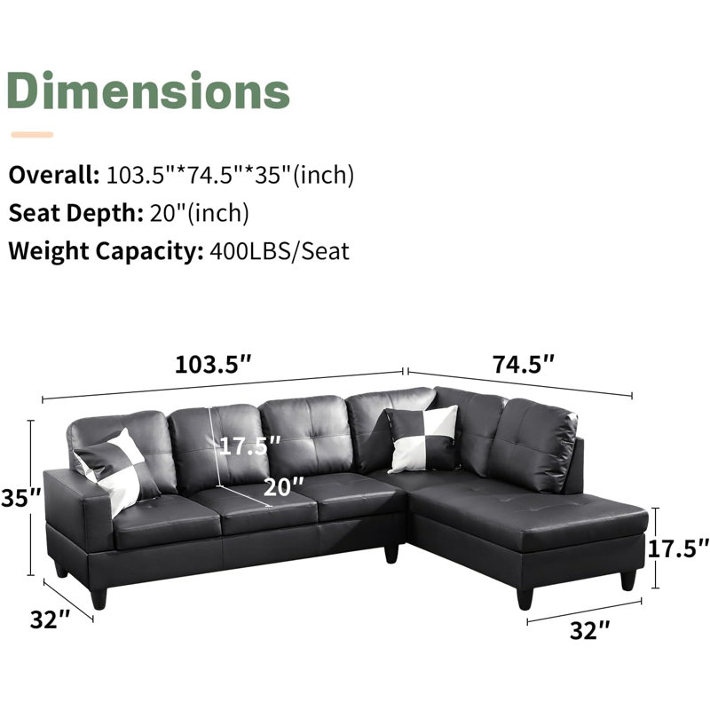 Canapé modulaire en similicuir 2 pièces, Similicuir noir, Orienté à droite
