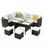 Ensemble repas extérieur 7 places avec 9 places assises, coussins beiges, poufs et table pour se détendre au bord de la piscine, 7, Réception rectangulaire dans la cour arrière