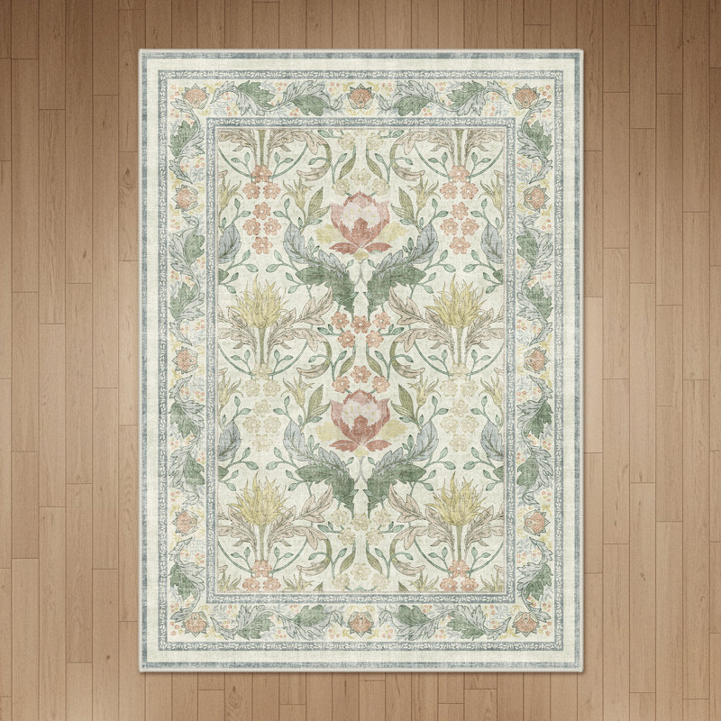 Bloom Floral Green/Beige Non-Slip Machine-Washable Area Rug, Rectangle 6' x 9', Beige/Green