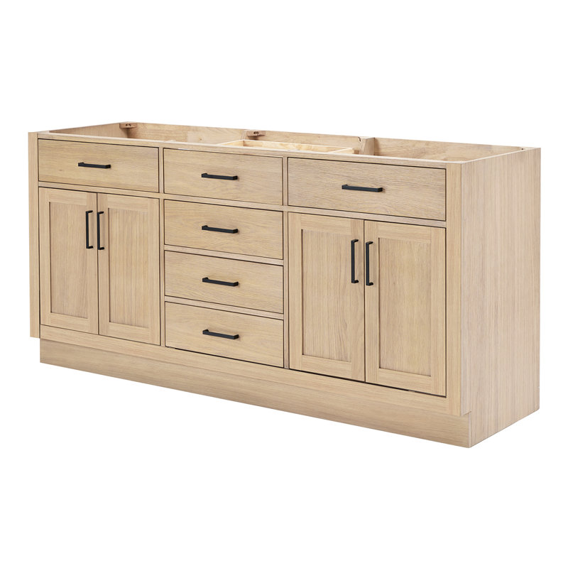 Ariel Hepburn 72 In. Double Sink Base Cabinet, Matte Black, Natural Oak