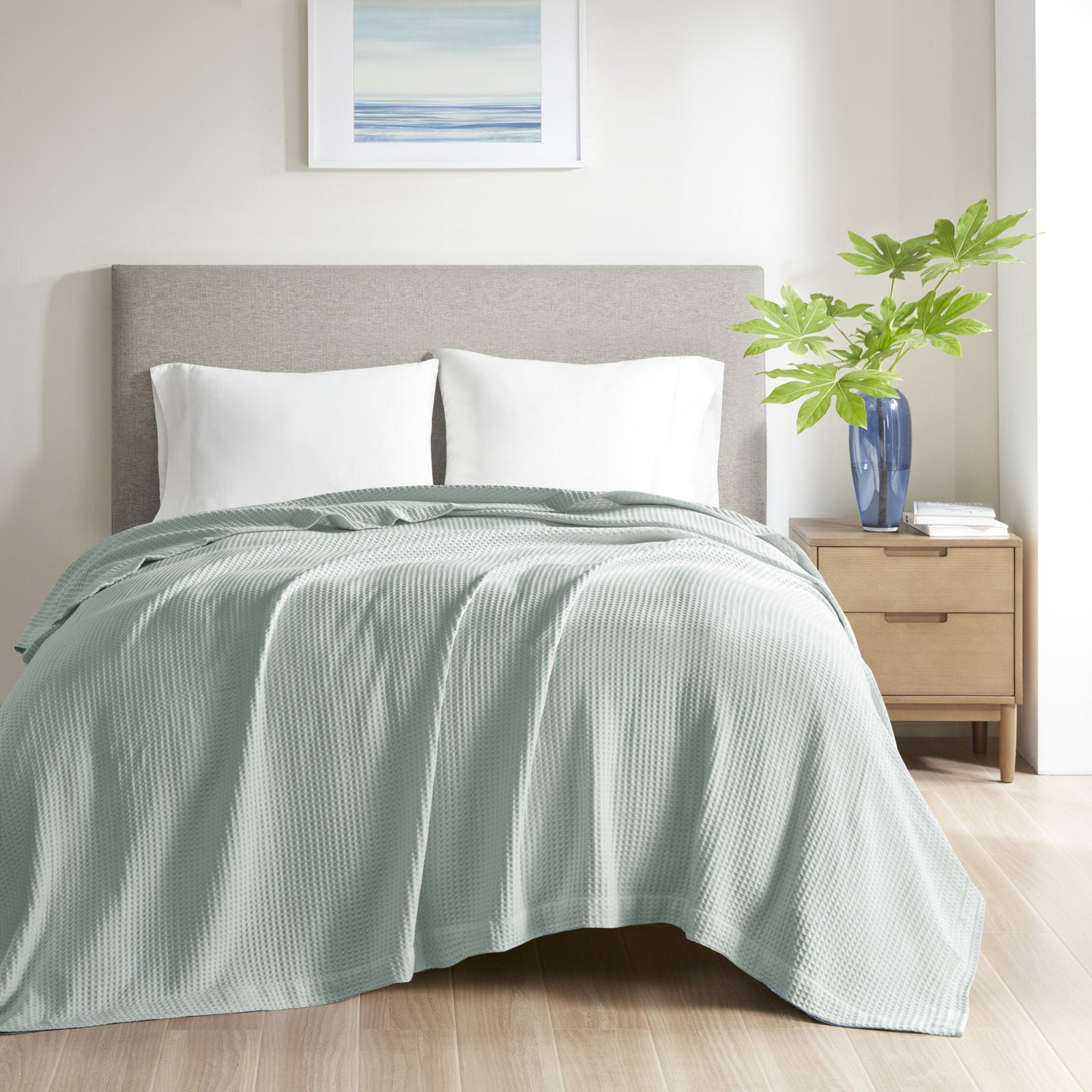 Waffle Weave Cotton Throw Blanket, Queen, Aqua