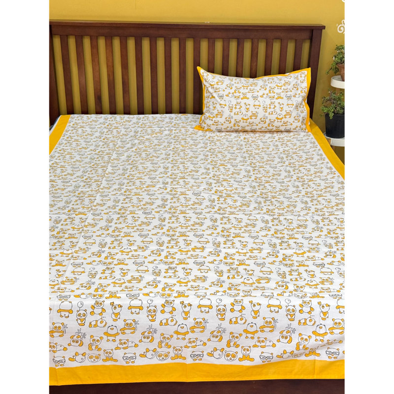 Yellow Panda Hand Block Printed Kids Cotton Bedsheet Set With Pillowcases