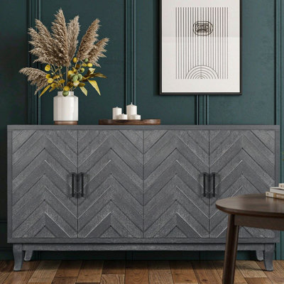 Vintage Sideboard with 4 Door, Credenza Cabinet with Metal Handle for Entryway, Antique Dark Grey