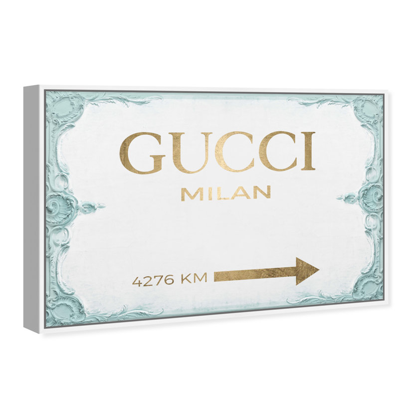 «Milan Sign Aqua», art textuel sur toile, H 36 po x l 54 po, Cadre blanc