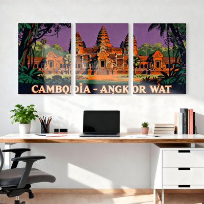 Cambodia Angkor Wat Temple Tropical Landscape Canvas Wrapped Wall Art Set of 3