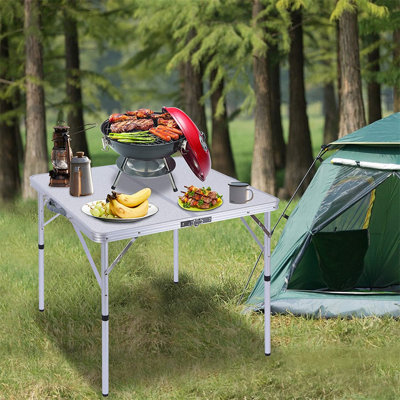  Table de camping réglable en hauteur 32 po x 32 po, support pliable en aluminium blanc