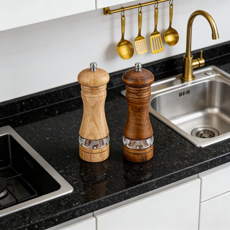 Ensemble de moulins à poivre et à sel en bois avec moulin à céramique réglable, fenêtre de visualisation en acrylique et plateau en bois - 2 moulins manuels rechargeables