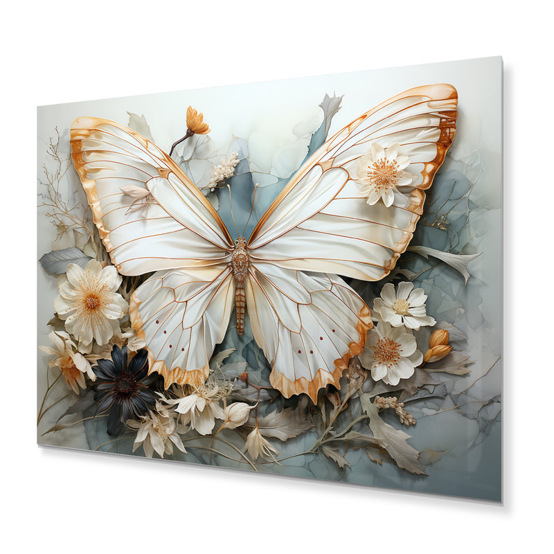 Motif complexe de papillons blancs et gris - décoration murale papillon en métal, H 30 po x l 40 po