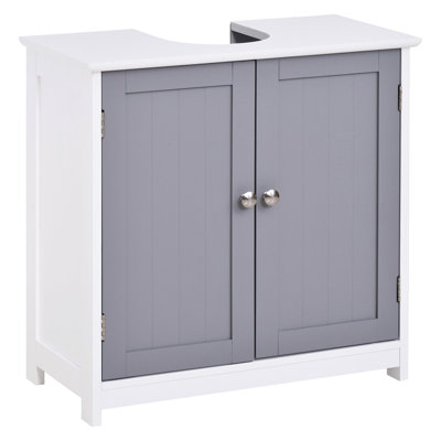Armoire de salle de bain, sous l'évier avec cavité en U. Blanc et gris. Offre un espace de rangement supplémentaire. Tablette réglable. Construire. H 23,5 po x P 11,4 po. Peut contenir jusqu'à 22 lb de solution, encoche d'armoire. Blanc / gris