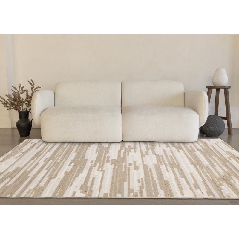 Tapis beige moderne à rayures beige, 5 pi 3 po x 7 pi 7 po