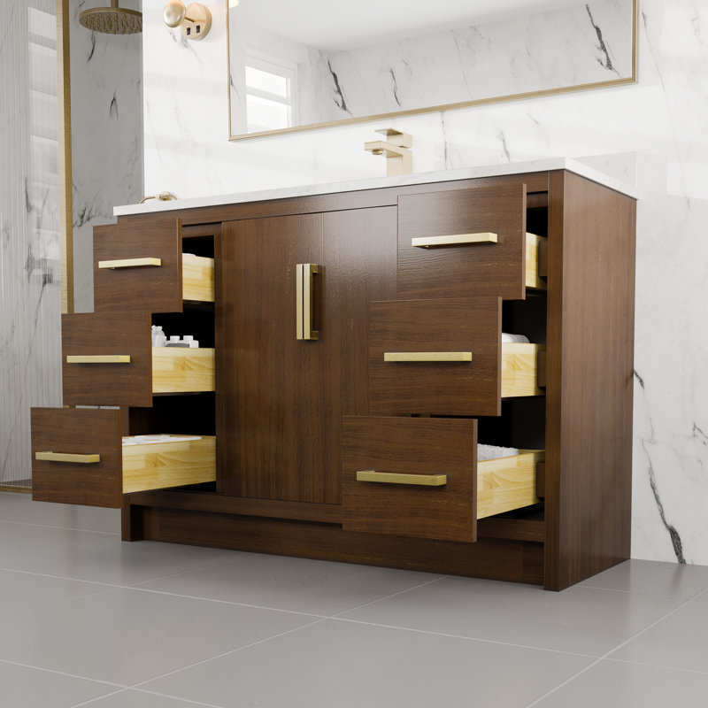 Ilsa 48"W X 18"D Bathroom Vanity With White Carrara Quartz Countertop And Undermount Porcelain Sink, Walnut
