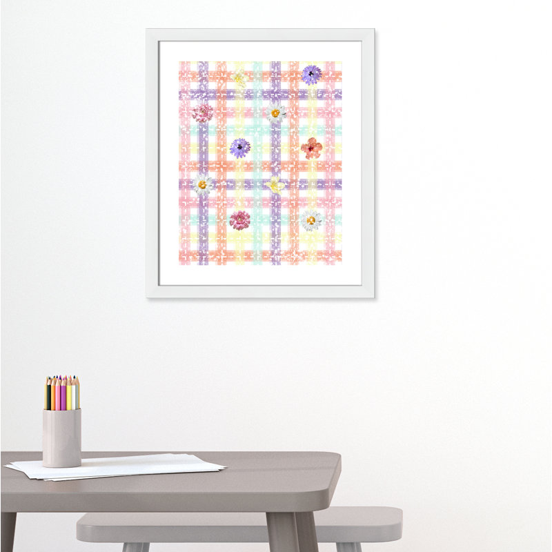 Impression sur papier à carreaux unique avec fleurs, H 26,5 po x l 22,5 po x P 0,625 po, Encadré plat blanc