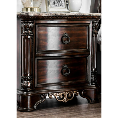 Bedroom Nightstand In Solid Wood, Brown Cherry Finish, With 2 Drawers And Bearing Sliding Rails For Grandeur Classic Drawers, Metal Glides