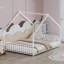 Full size children's bed frame with LED light strips, roof-shaped iron frame bed, White,78.5" L x 55.9" W x 58.4" H.