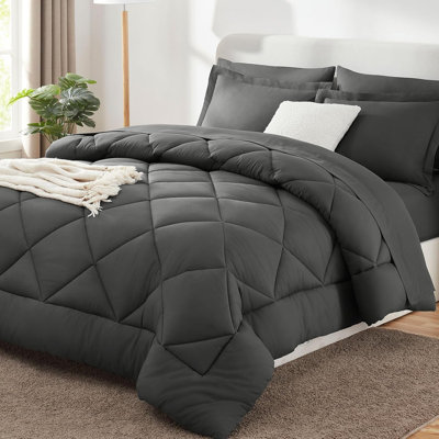 Queen Comforter Set 7-Piece, 88x88 Inch Dark Grey Bed in a Bag Bedding Set, Soft Cozy Comforter with Complete Bedroom Accessories