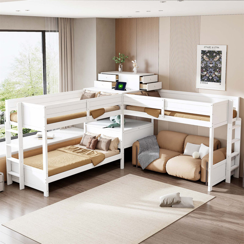 L-Shaped Bunk Bed With Built-In Desk, 4 Drawers, USB Ports & Power Outlets For Space-Saving And Multifunctional Use, White