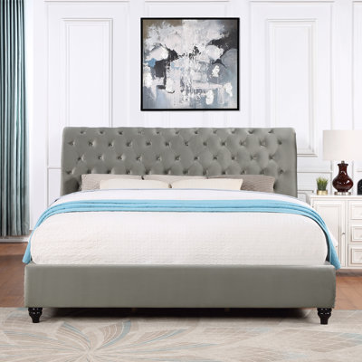 Cerderia Velvet Upholstered Button Tufted Nailhead Trim Sleigh Bed, Queen, Gray -  Rosdorf Park, 25C0EE00E8F94C368547BF25AF956CDF