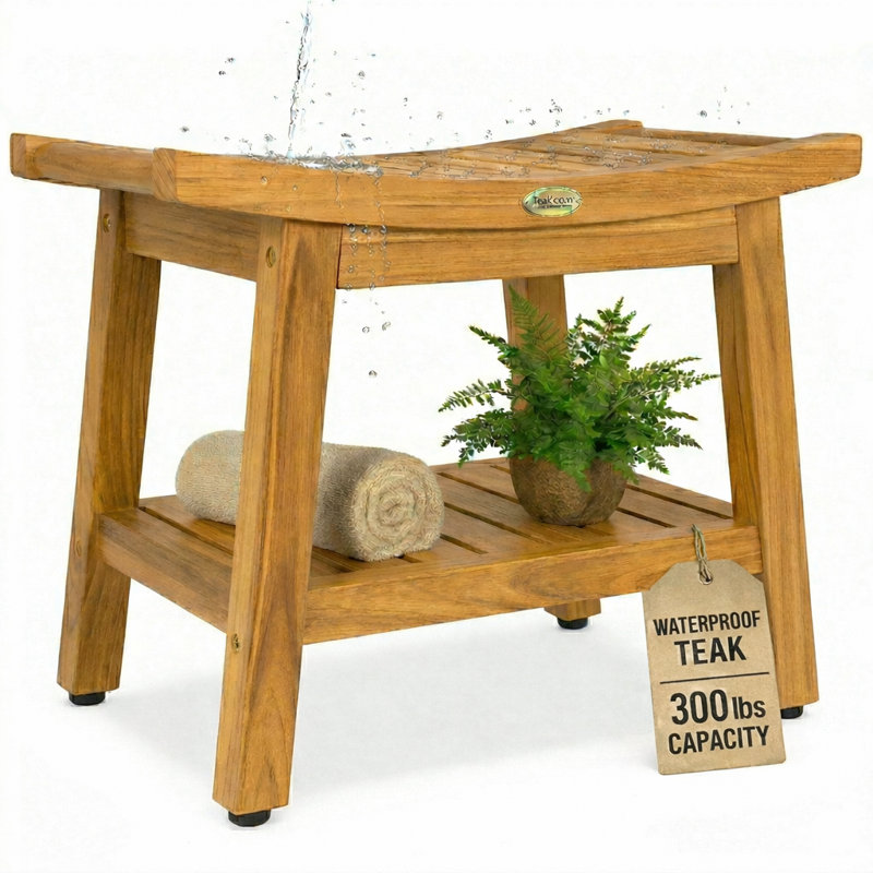 Banc de douche en teck EcoDecors 18 po, siège de salle de bain en bois de teck imperméable avec tablette, capacité de 300 lb, pieds antidérapants, ajustement compact pour les petites salles de bain