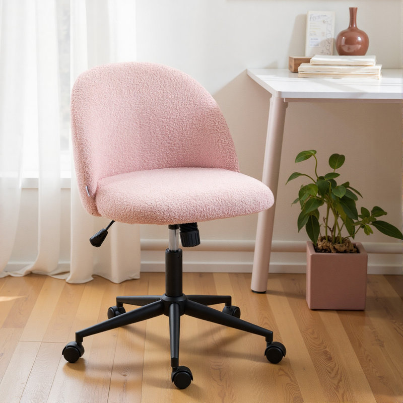  Desk Chair, Fluffy Swivel Office Chair for Makeup Vanity, Cream, Pink