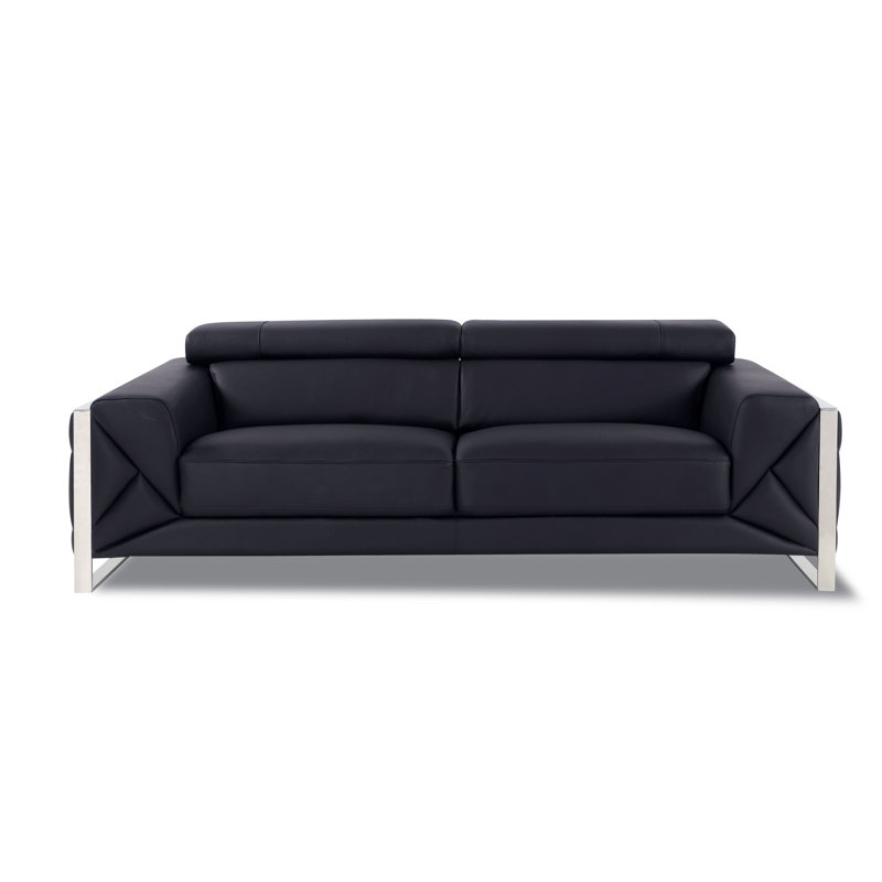 Black Genuine Leather Sofa with Adjustable Headrests, Black