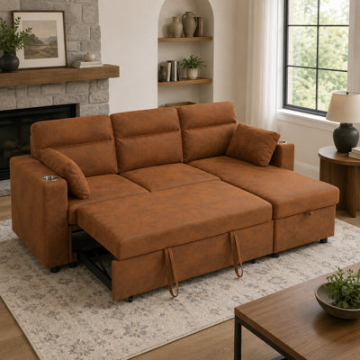82.5" L-Shaped Sleeper Sectional Sofa with Pull-Out Bed, Storage Chaise, Cup Holders & 2 Pillows