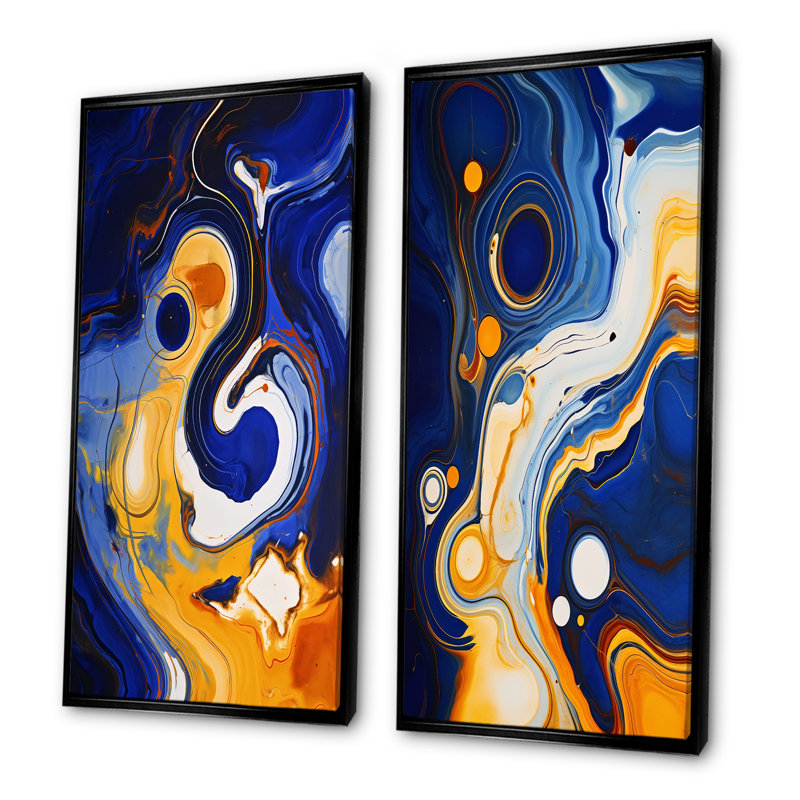 Encre liquide jaune et bleue, rivière I - ensemble de 2 impressions sur toile à encre liquide abstraite, Cadre flottant noir