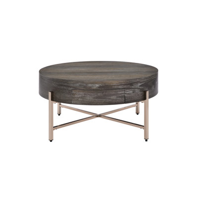 Table basse champagne et brune avec tiroir de rangement, base en forme de tube en X en métal, conception de tambour, plateau en placage de chêne, rangement profond de 32 pouces, tiroir en bois de 16 po de hauteur