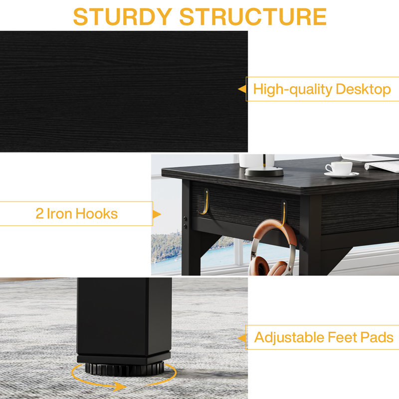 Black Engineered Wood Double Desk with Drawers