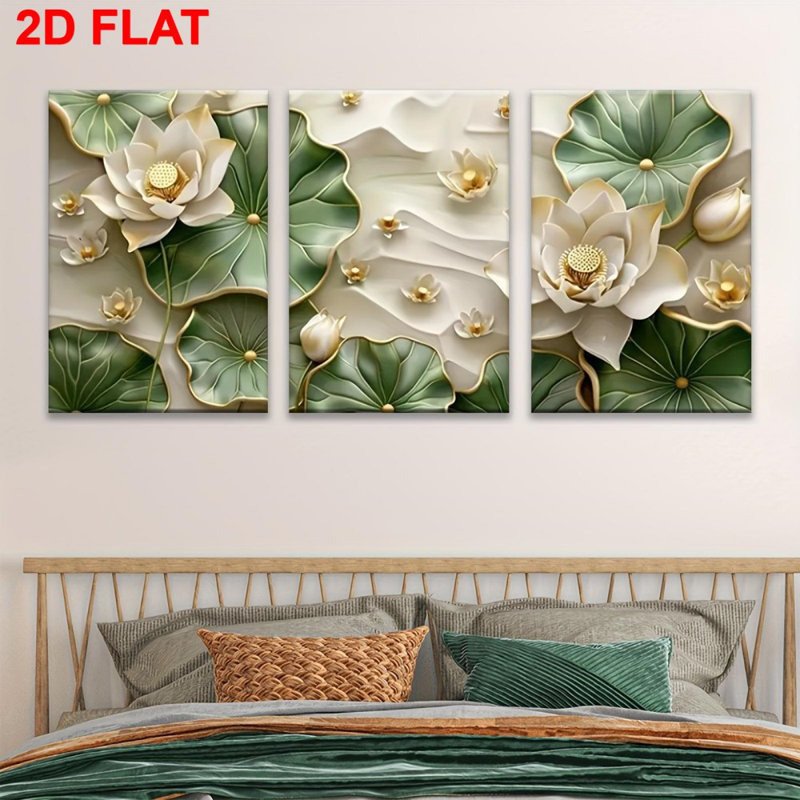 Impression sur toile 3 pièces texturée 3D Lotus - espace de vie élégant, 18 x 12 pouces 3 pièces