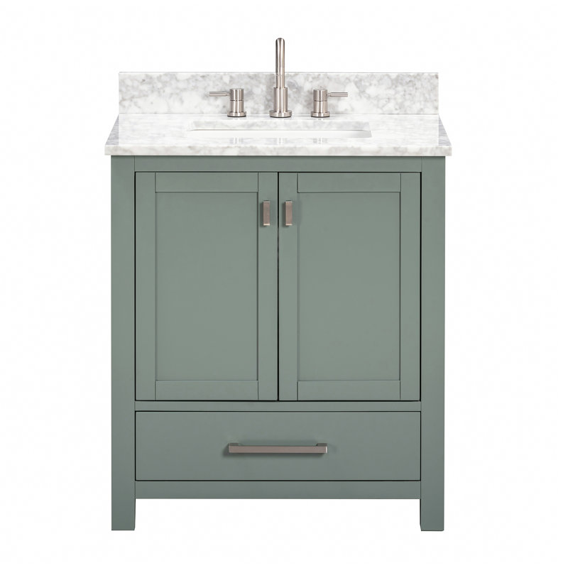 Modero 30" Single Bathroom Vanity with Top, Brushed Nickel, Smoke Green, Carrara White Marble
