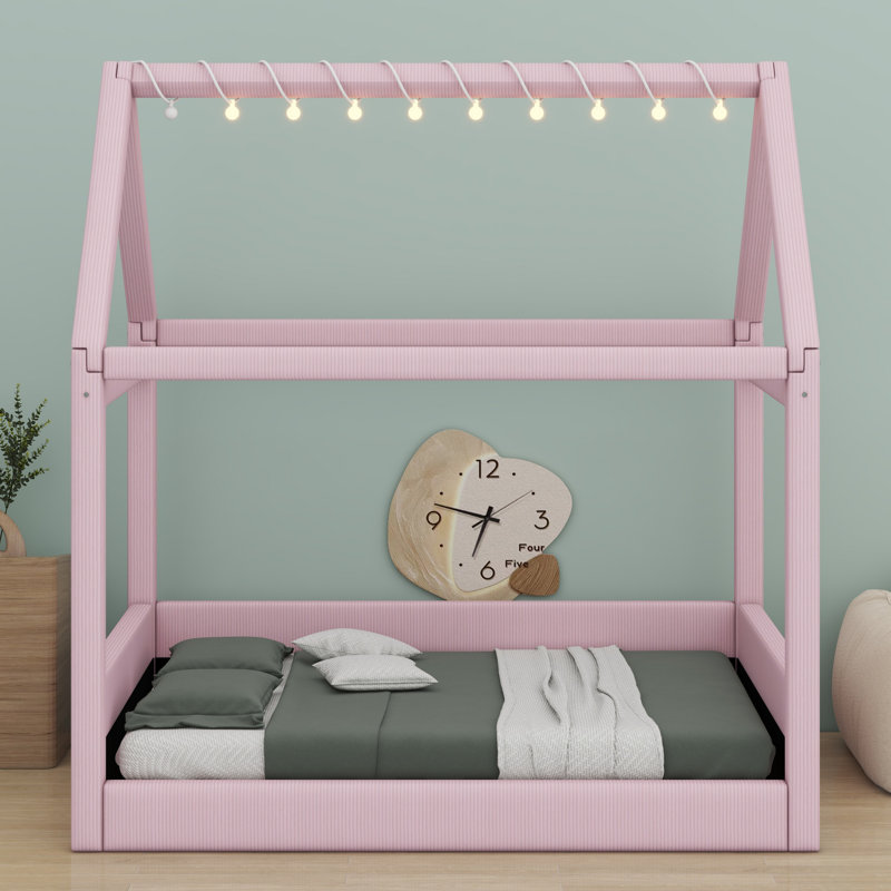 Upholstered House Daybed With LED Light Strips, Pink