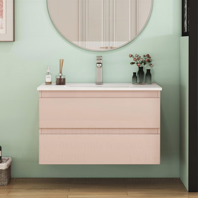 Wall-Mounted Bathroom Vanity with Ceramic Sink, Double Drawers, Soft-Close System, and Rounded Drawer Fronts for Modern Interiors