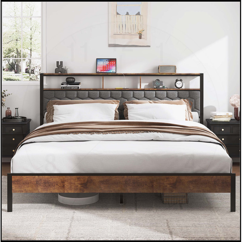 Lit plateforme très grand en bois avec tête de lit douce, chargement USB, pas de bruit et grand espace de rangement sous le lit