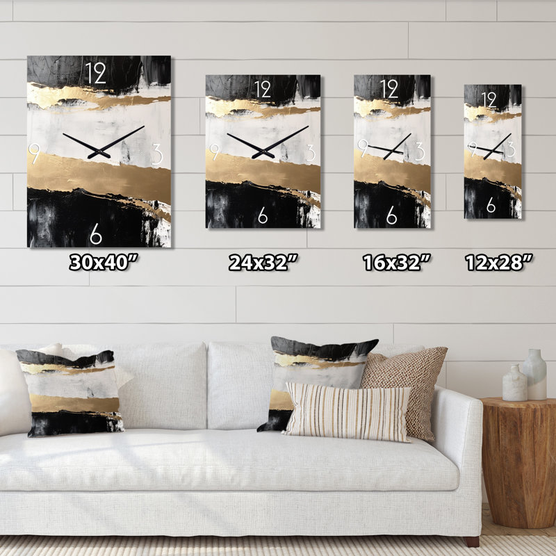 Dimensions horizontales abstraites or noir V - peinture abstraite horloge murale, Grand