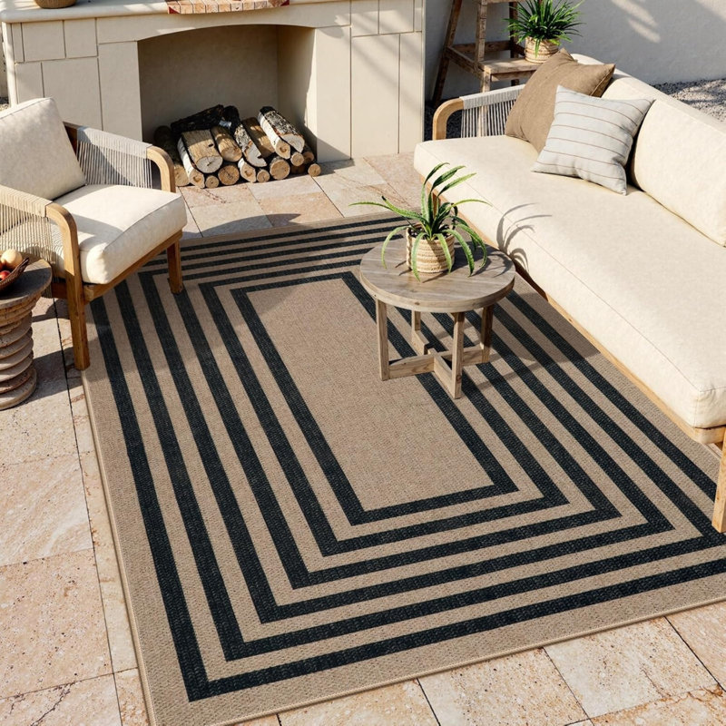 Neutral Tone Border Rug 5' x 7' for Hallway Kitchen