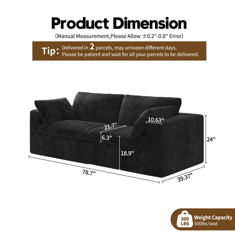 Canapé modulaire Boneless LoveSeat Cloud, canapé en velours côtelé l 78,7 po, 2 pièces, aucun assemblage requis
