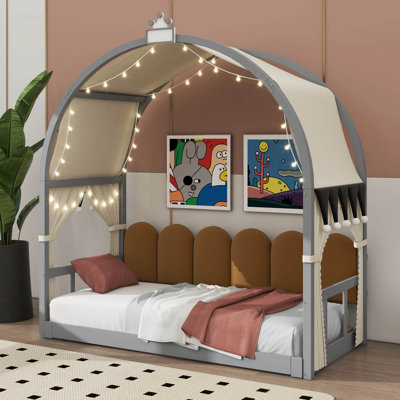 Twin-Sized Extended Bed With An Arched Canopy And Built-In Underbed Trundle Bed