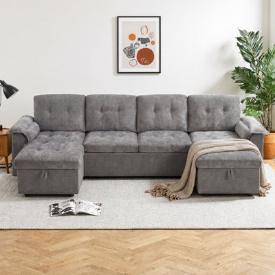 Canapé-lit modulaire en U de 108,8 po avec ports USB et porte-gobelet, canapé-lit convertible avec deux rangements, mobilier de salon en tissu d'ameublement en chenille, aucun sommier nécessaire