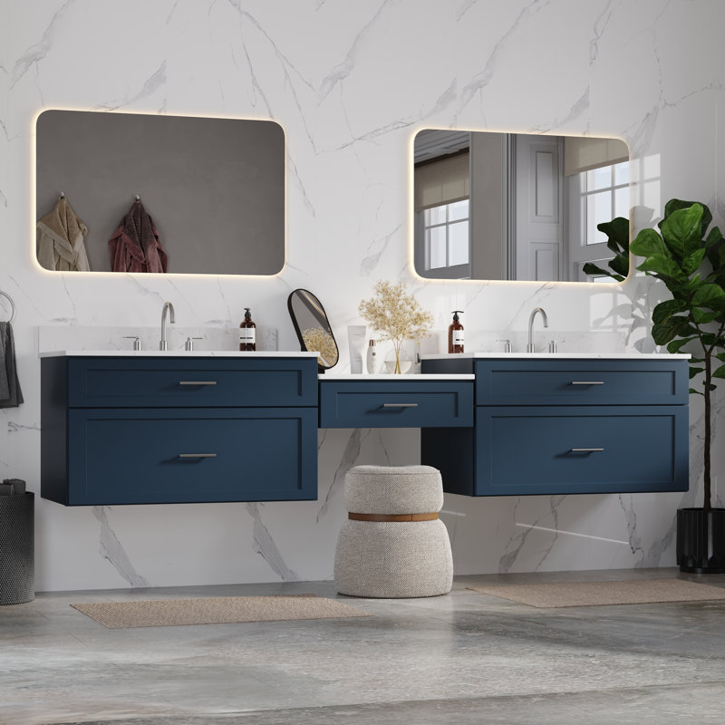 Ensemble de meuble-lavabo mural flottant double 96 po avec comptoir Carrara Disar, Bleu