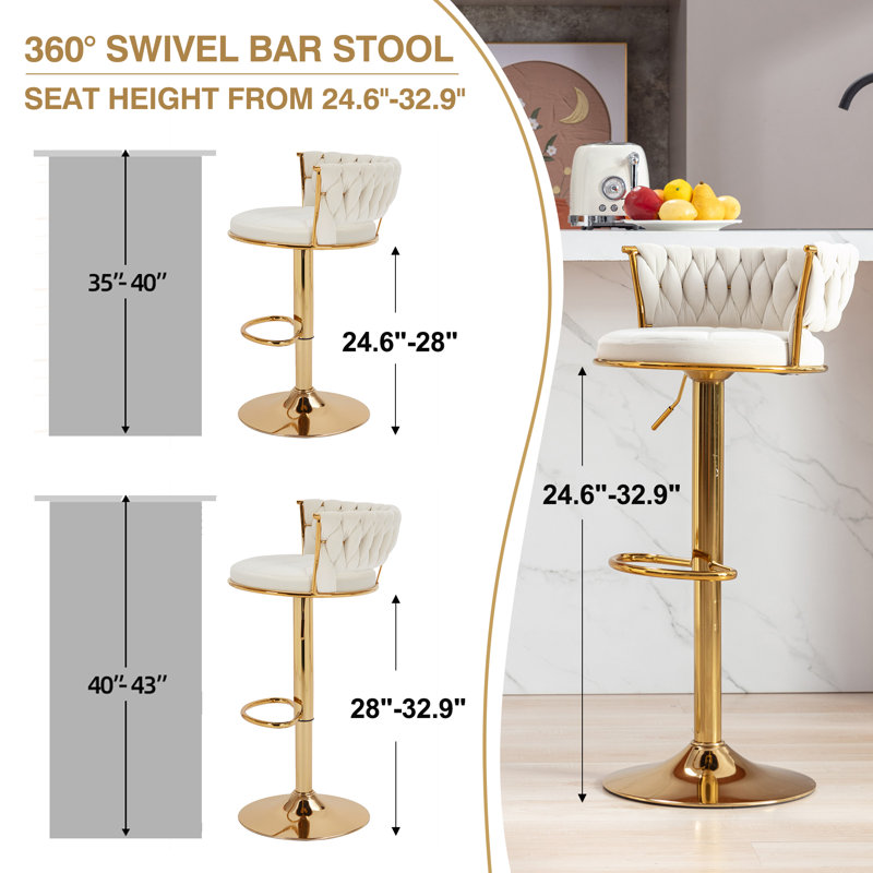 Ensemble de 4 tabourets de bar modernes en velours tissé, réglables en hauteur, pivotants et avec dossier, chaises de bar rembourrées avec base dorée pour cuisine, bar ou salle à manger.