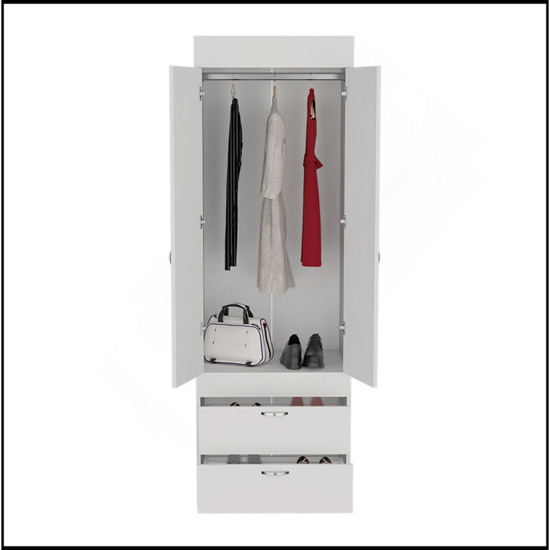 Armoire Tarento, deux tiroirs, finition blanche, Blanc