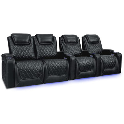 Sièges de cinéma Valencia Valencia Oslo | Cuir de première qualité italien Nappa 11000 de qualité supérieure, fauteuil inclinable électrique, appui-tête électrique, éclairage à DEL (rangée de 4 causeuses à gauche, noir)