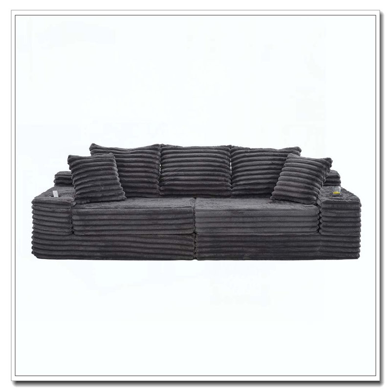 Oversized Boneless Four Seats Sofa with Cup Holder and Side Pockets, Gris foncé