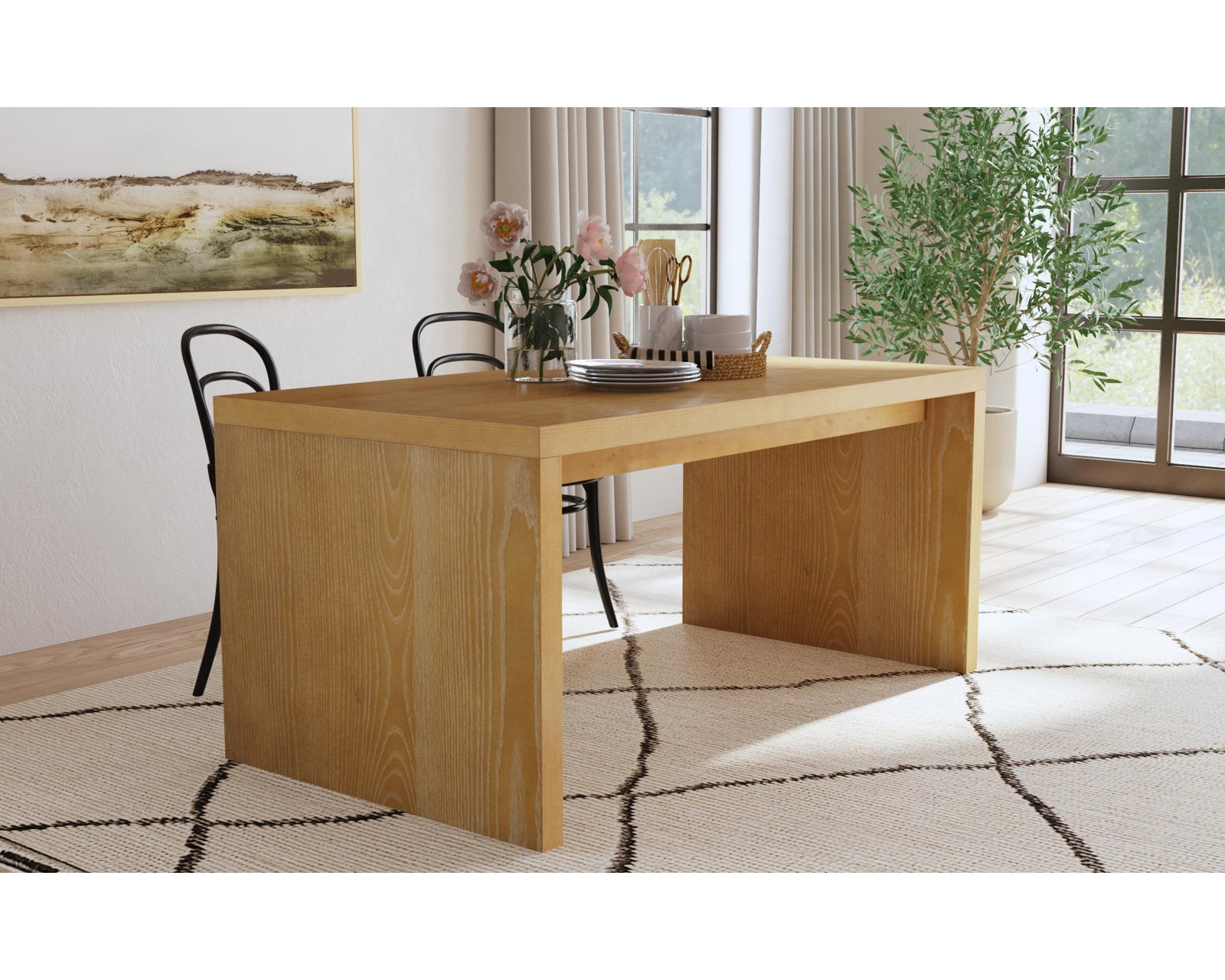 Gabler 64'' Ash Wood Waterfall Dining Table, Natural Brown