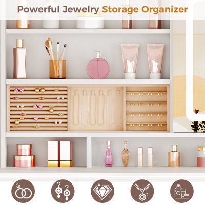 Adriel 43.3" Makeup Vanity Desk With LED Lights, 11 Drawers, Sliding Mirror & Detachable Jewelry Box, Power Outlet