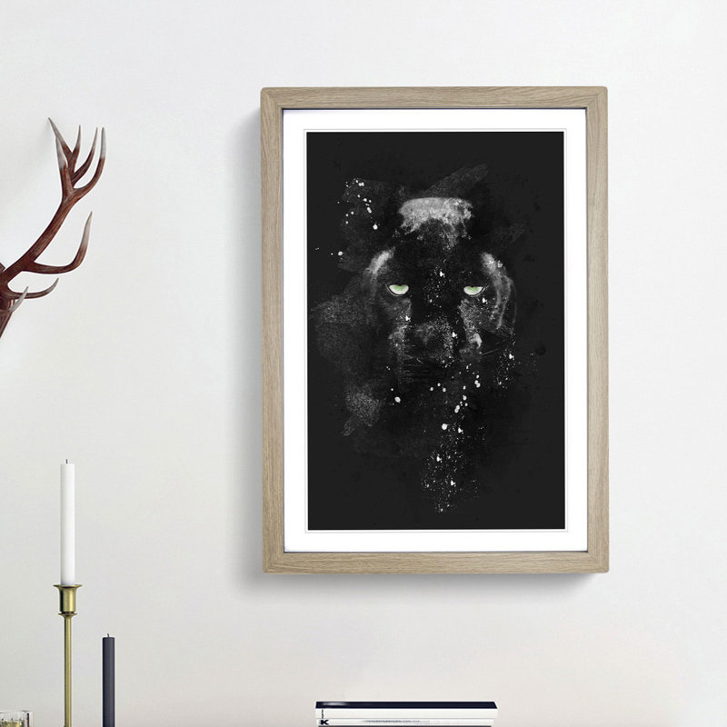 Black Panther in the Shadows - Picture Frame Graphic Art Print, Oak Framed, 87cm H x 62cm W x 2cm D