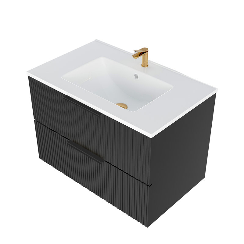 Meuble-lavabo flottant mural de 30 po avec lavabo en céramique et tiroirs en U noirs, conception élégante, grande solution de rangement, matériau à utilisation longue durée, processus d'assemblage rapide et moderne